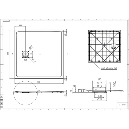 Kwadratowy brodzik SMC Cagliari Black 90x90x2,6 cm